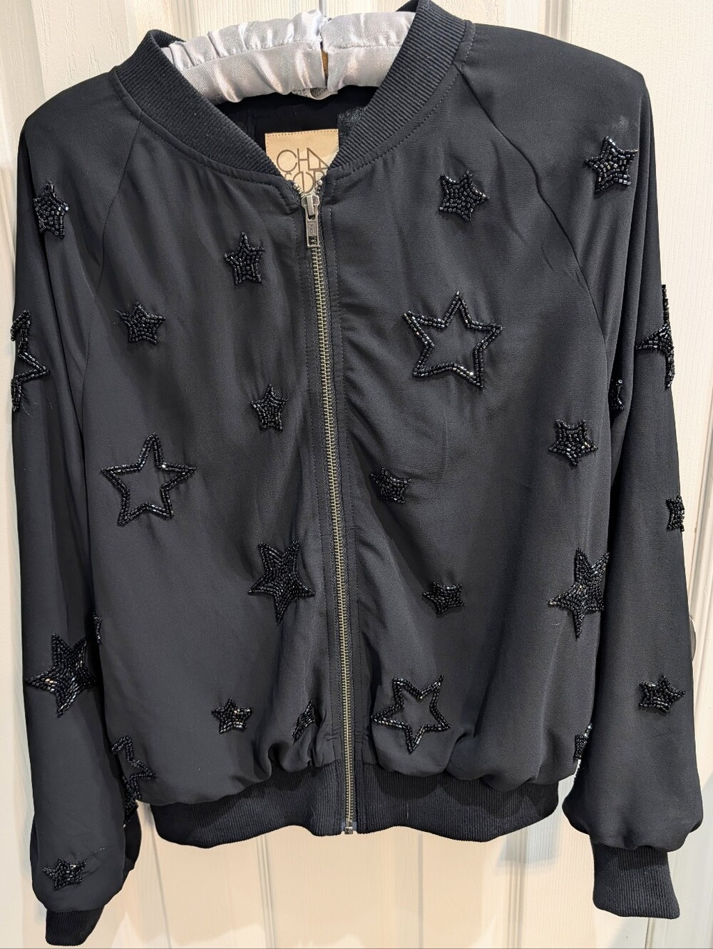 Chaser Black Beaded Star Bomber Jacket-size Small